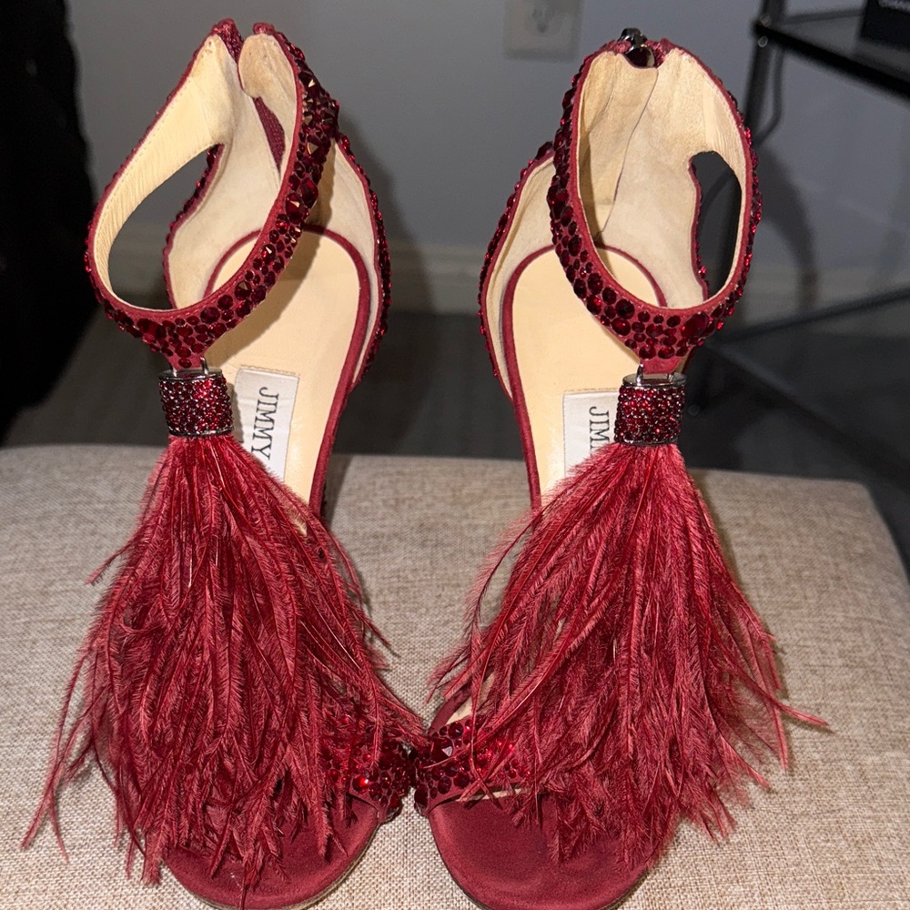 Jimmy Choo Burgundy Feather Embellished Heels